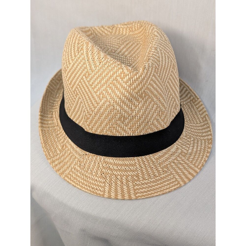 Straw Fedora Hat Tan Woven Black Band Classic Summer Beach-NWT